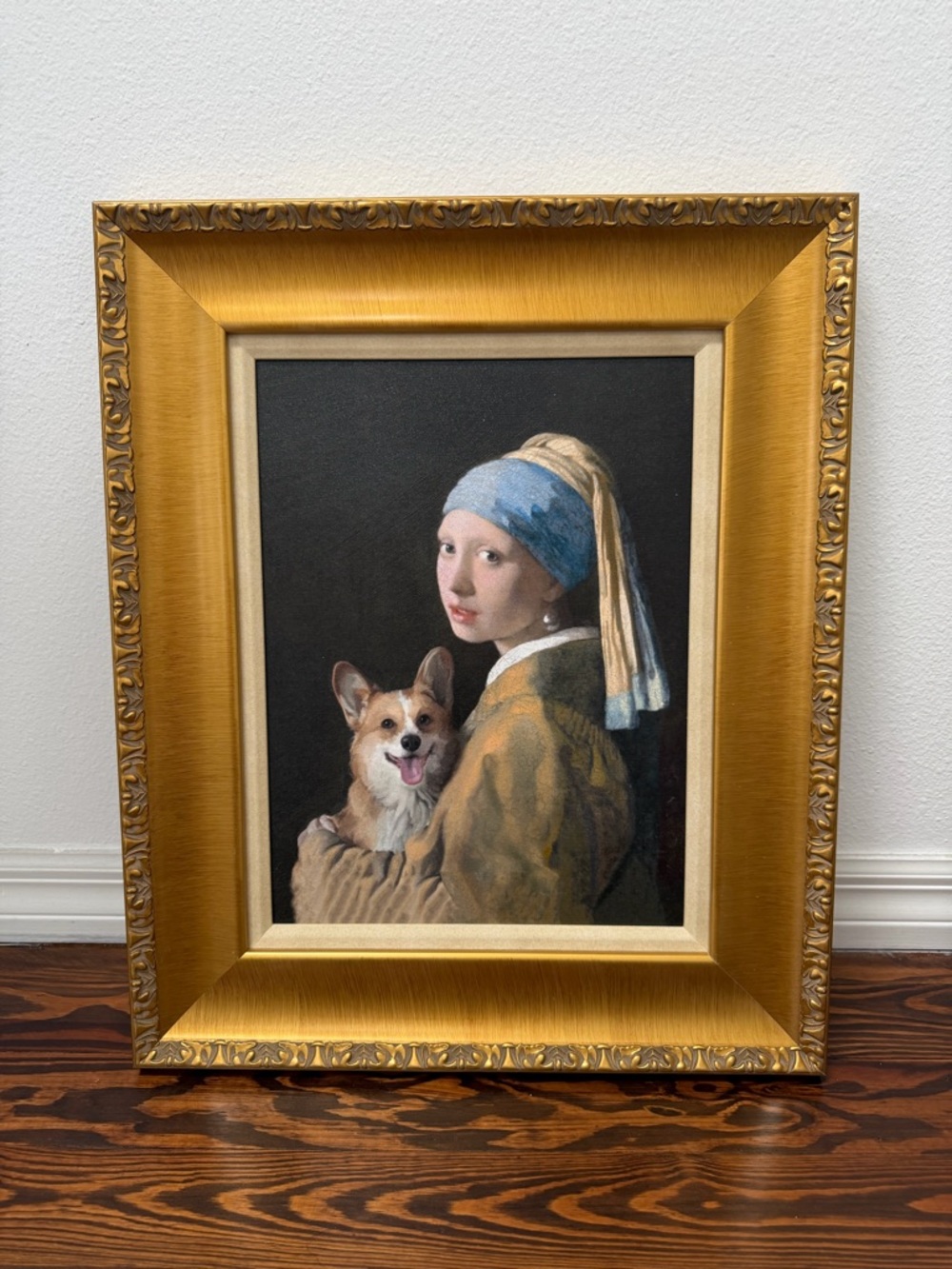 Framed 'Girl with a Pearl Earring' Style Oil Painting with Corgi - Gold Frame - Picture 2 of 16